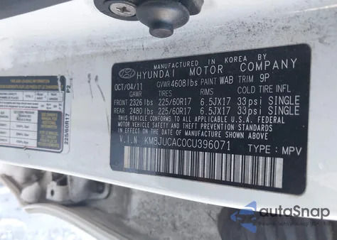 2012 Hyundai Tucson Gls z USA, uszkodzony, nr VIN KM8JUCAC0CU396071